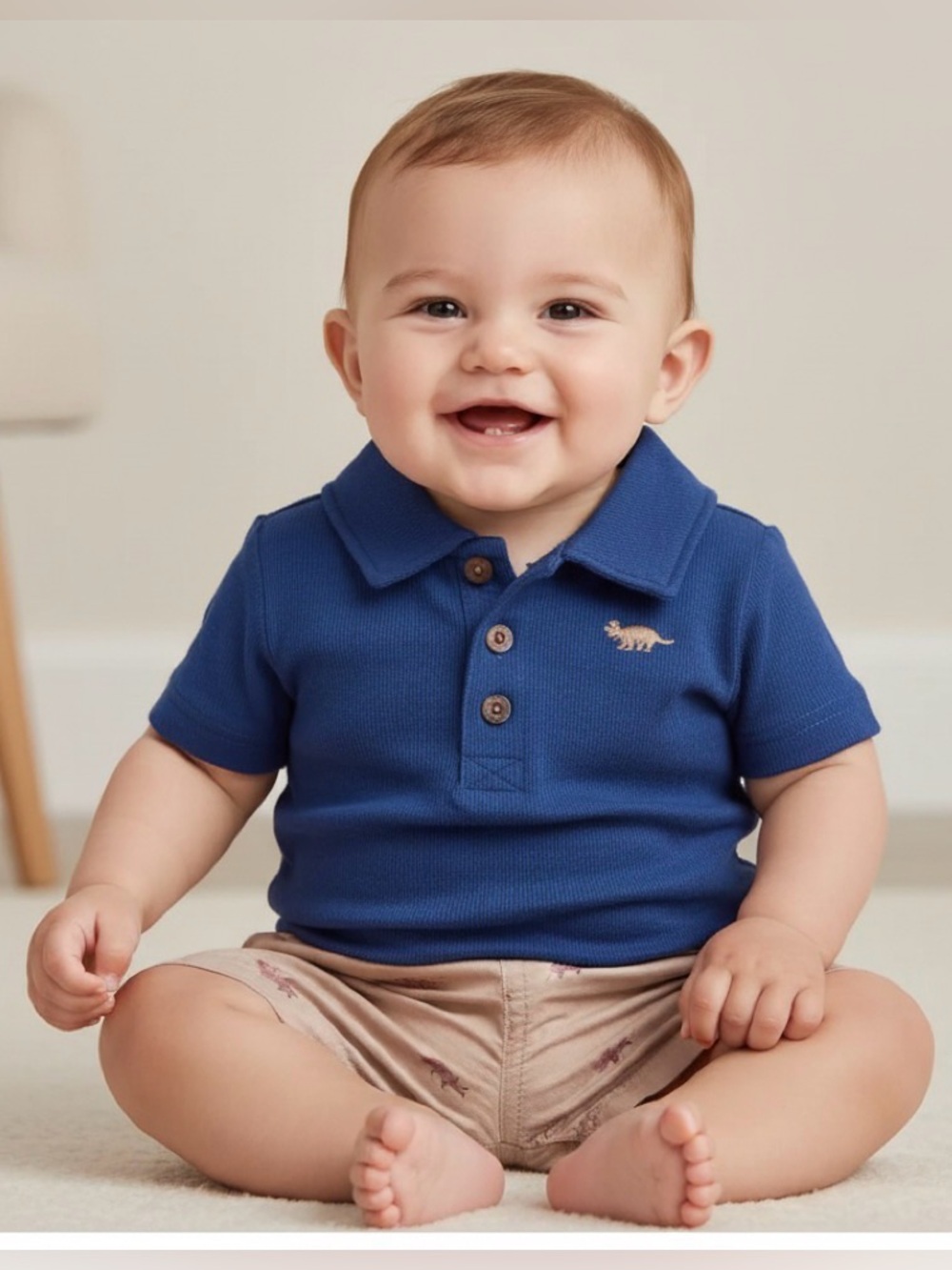 🦕 Carter’s NWT Tan Dinosaur Shorts + Navy Polo Shirt Outfit | Size 3 Months 🦕